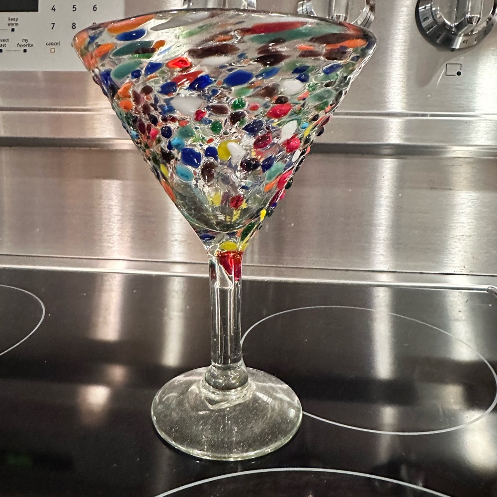 Hand Blown Fused Confetti Drinkware Martini Art Decor Heavy  Glass Appr 7” Tall